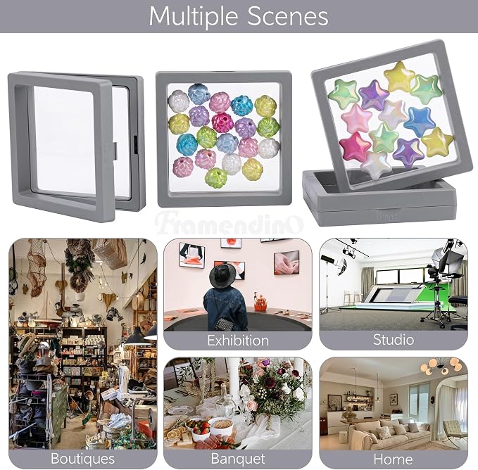 Framendino, 20 Pack Grey 3D Floating Frame Display Case Challenge Coin Holder 3.5x3.5x0.8 Stands Jewelry Storage Box for Medallion Shells Gems - Image 3