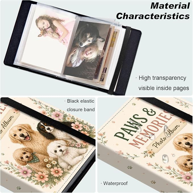 DEGDFSGR 4x6 Small Photo Album, 60 Pockets Holds 120 Photos | Slip-in pockets, black elastic band, portable for family, wedding, baby, travel photos, Cute Golden Retriever Wildflower - Image 5