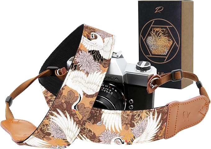 Padwa Lifestyle Brown Crane Camera Strap - 2" Cowhide Leather Head Cotton Camera Straps for Photographers,Vintage Japanese Art Print Adjustable Neck & Shoulder Strap for ALL DSLR/SLR Cameras by PadwaLifestyleCameraStrap