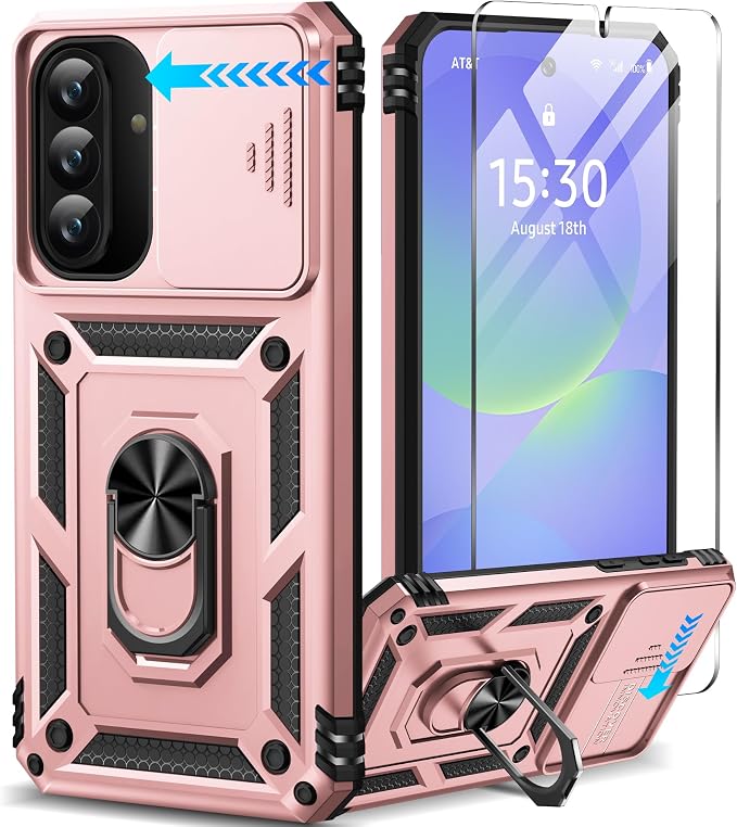 Taisairu for Samsung Galaxy A37 Case/A36 Case with Screen Protector & Slide Camera Lens Cover, Built-in Ring Stand Shockproof Protective Case for Samsung A37 5G Case/Samsung A36 5G Case (Rose Gold) by Taisairu