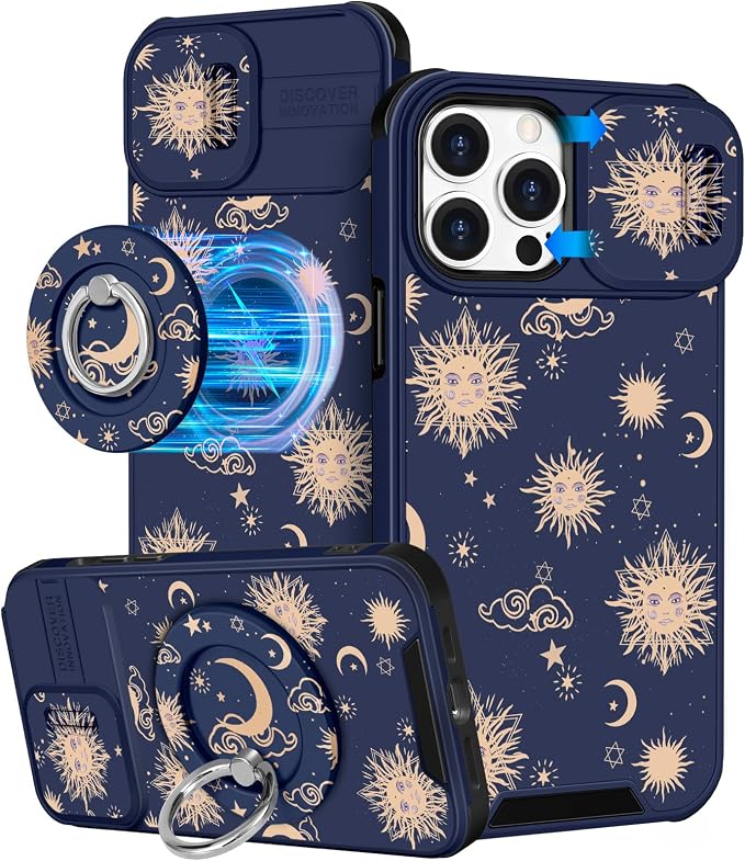 Buleens for iPhone 15 Pro Case 6.1 Inch - with Ring Stand & Camera Cover Aesthetic Cute Designed for Women Girls Sun Moon Stars for Phone Case for iPhone 15 Pro Compatible with Magsafe by Buleens