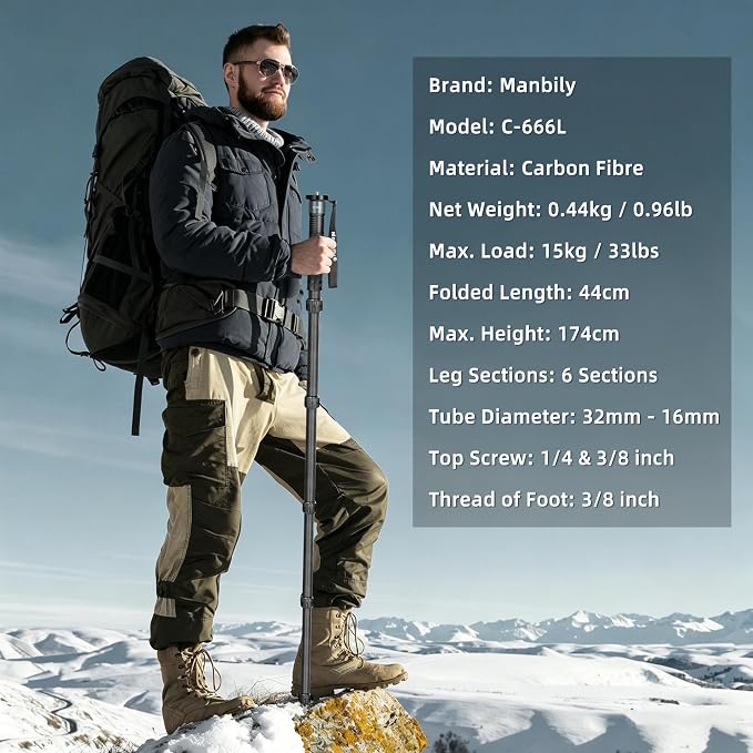 Camera Monopod 69-Inch 32mm Tube Carbon Fiber Walking Stick Monopods for Cameras 6 Sections Portable Compact Travel with Handle, Phone Clip Max. 33lbs for DSLR Video Camcorder Stand (C-666L) - Image 6