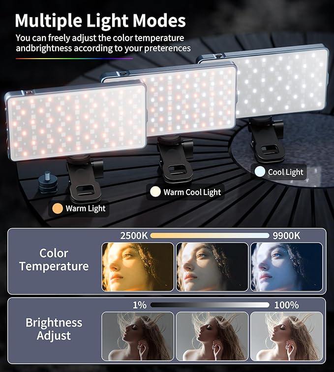 Zecti 135 LED Selfie Camera Phone Light with Metal Hotshoe & Clip | 4000mAh CRI 96+ RGB Video Light, 2500K-9900K 21 Scenes Portable Camera Light for TikTok,Content Creator,12W Max Output Power - Image 4