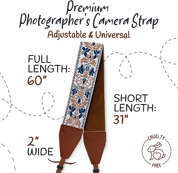 Art Tribute Camera Strap - Shoulder, Crossbody & Neck Camera Strap for Photographers, Fits All Cameras, Canon Nikon Sony Fujifilm, Padded Strap W/Quick Release, Embroidered Cotton & Leather Ends - Image 5