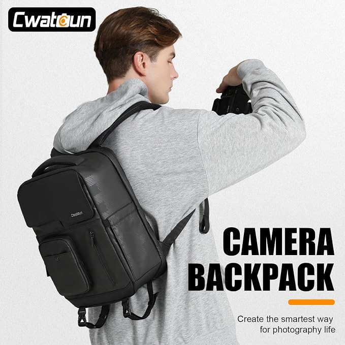 Cwatcun PU Leather Camera Backpack, DSLR Bag with Tripod Holder | for Photographers DSLR SLR Mirrorless Camera Cases.Fits 2cameras +4lenses+14"laptop+drone.18mm EPE foam, side & back access - Image 9