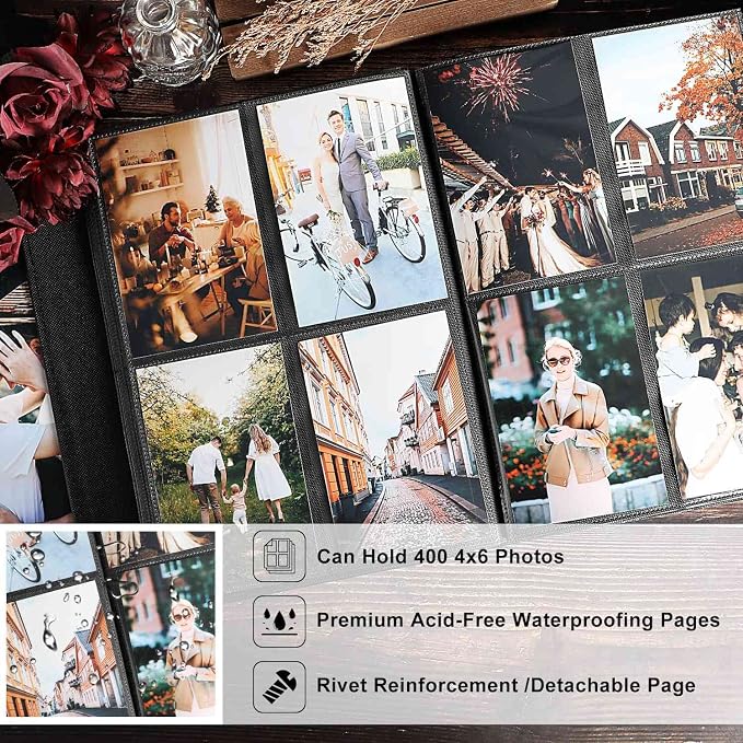 Ywlake Photo Album 4x6 400 Pockets, Leather Photo Albums Holds 400 Vertical Pictures Only Black - Image 5
