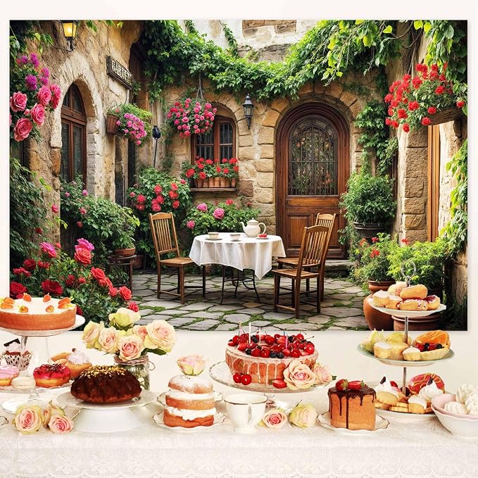 8X6ft Italian Theme Backdrop Italy Town Street Backdrop for Photography, Europe Village Town Landscape Photography Background Garden Tea Party Barnner Photo Studio Props, Color-1 - Image 3