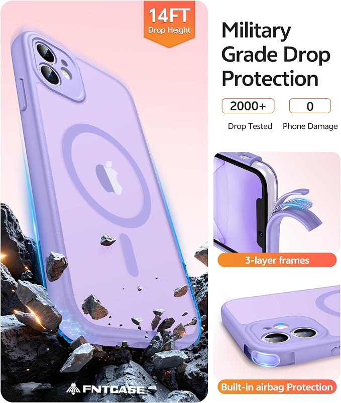FNTCASE for iPhone 11 Phone Case, Fit for Magsafe, Full Camera Protection | Translucent Matte Back, Strong Magnetic Charging,14FT Military Grade Drop-proof, Anti Slip, Light Purple - Image 5