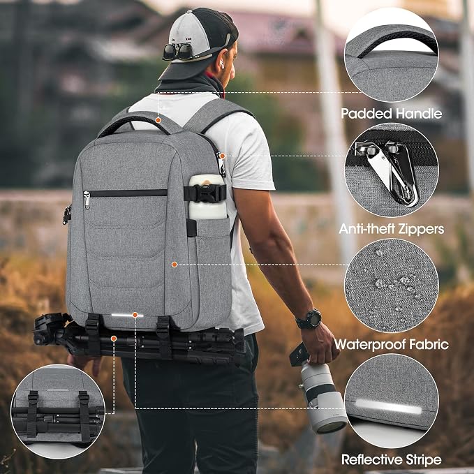 SDYSM Camera Bag Backpack Professional for DSLR SLR Mirrorless Camera | 14 Inch Waterproof Camera Laptop Backpack with Rain Cover Anti Theft Travel Case Large Capacity Photography Backpack, Grey - Image 6