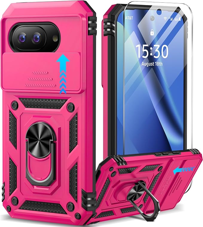 Taisairu for Google Pixel 10A Case with Screen Protector & Slide Camera Lens Cover,Built-in 360°Rotate Magnetic Ring Stand Shockproof Protective Phone Case for Google Pixel 10A Case (Hot Pink) by Taisairu