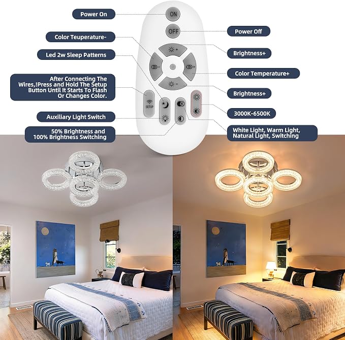 Modern Ceiling Light, 5 Rings 16.9'' Dimmable LED 49W Flush Mount Ceiling Lights with Remote Acrylic Crystal Round Ceiling Light Fixture, Bedroom Living Room Dining Room, Chrome - Image 8