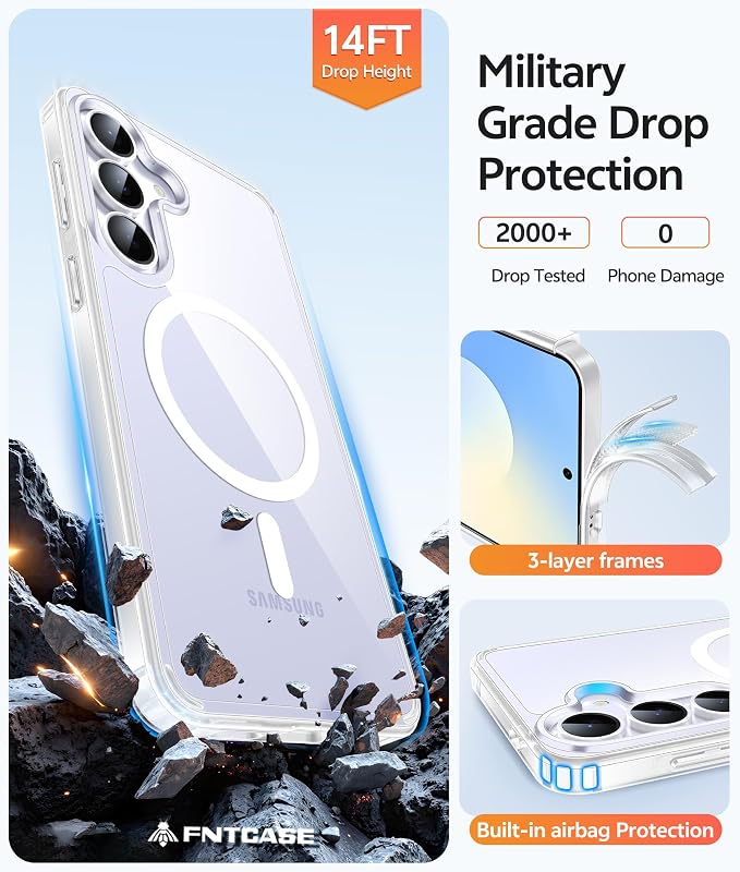 FNTCASE for Samsung Galaxy S25 FE Case, Fit for Magsafe, Screen Protector | Clear Anti Yellowing Magnetic Back, 14FT Military Grade Drop Protection, Shockproof Protective Phone Cover, Transparent - Image 6