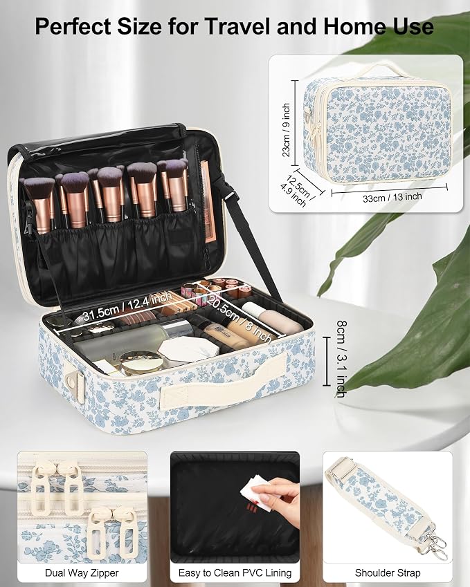 Relavel Makeup Bag Travel Train Case for Women and Girls, Cute Cosmetic Storage Organizer Box Portable Shoulder Bag with Adjustable Dividers and Makeup Brush Comparment, Floral Print - Image 5