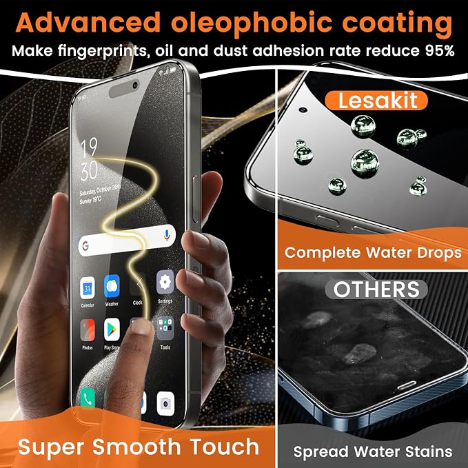 Lesakit 4+4 Pack Privacy Screen Protector for iPhone 15 Pro Max 6.7-Inch with 4 Pack Camera Lens Protector, Anti Spy Tempered Glass Film 9H Hardness Case Friendly - Image 6