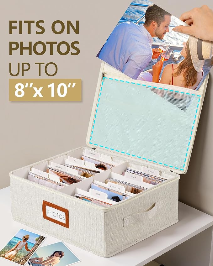 HULISEN Photo Storage Box, Photo Organizer for 2000 4x6 Pictures, Beige | Linen Keepsake Box with Zipper Lid & 8 Dividers, Label Cards Included, Mesh Pocket for Larger Prints, Family Memory Storage - Image 3