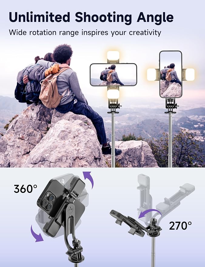 53'' Selfie Stick Tripod with Light, Extendable Selfie Stick with Remote, Portable Cell Phone Tripod Stand with All in 1 Phone Clip, Lightweight Camera Tripod Compatible with iPhone 17 16 15, Android - Image 6