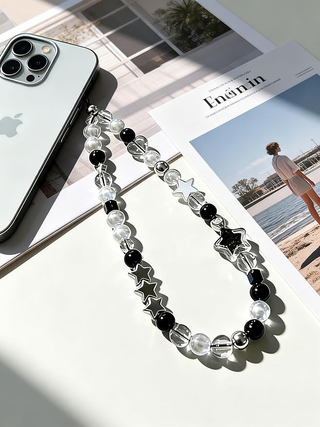 2 Pcs Phone Charm Strap Hand for iPhone Wrist Strap Camera Lanyard Pearl Beaded Cute Chain String Accessories Universal for iPhone 17 Pro Max 16 15 Samsung Women Girls Keychain Silver and Black Star - Image 3
