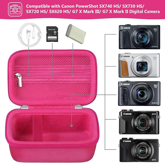 Carrying Case for Canon PowerShot SX740 HS, SX730 HS Camera, Rosered | SX720 HS, SX620 HS, G7 X Mark III, G7 X Mark II Digital Camera, Storage Holder Travel Bag with Mesh Pocket for Battery Pack - Image 2