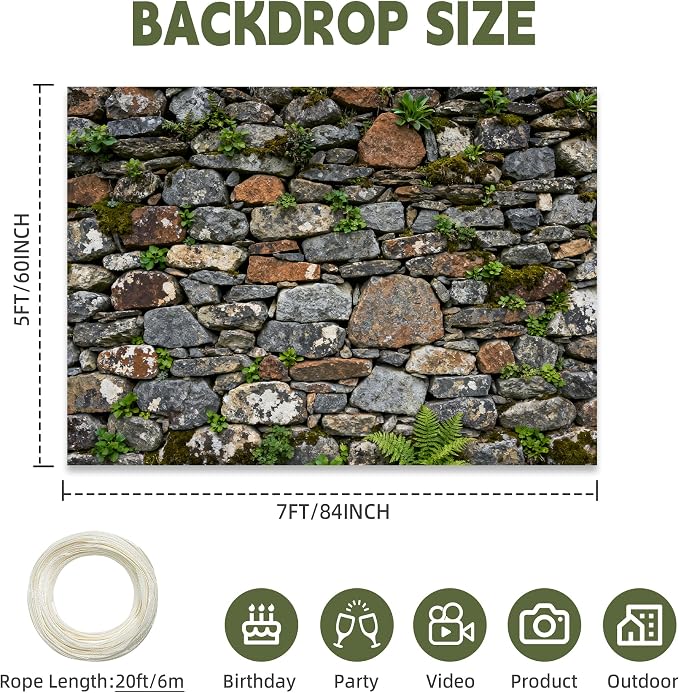 7x5ft Fabric Vintage Brick Stone Wall Backdrop Stone Wall Greenery Banner for Photo Background Wedding Kids Birthday Photo Studio Vinyl Prop - Image 2