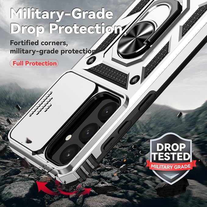 HNHYGETE for Samsung S25 Case with Screen Protector: [Military Grade 20ft. Drop Tested] Slide Camera Cover Ring Shockproof Protective Phone Case for - Samsung Galaxy S25 (Silver) - Image 3