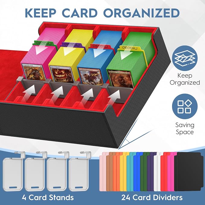 4 Row Trading Card Storage Box, 3200+ MTG Card Storage, Black & Red | TCG Card Organizer Box with 24 Colorful Dividers and 4 Stands, Bulk PKM Storage, Deck Case Holder Fits for YuGiOh, Game Cards - Image 4