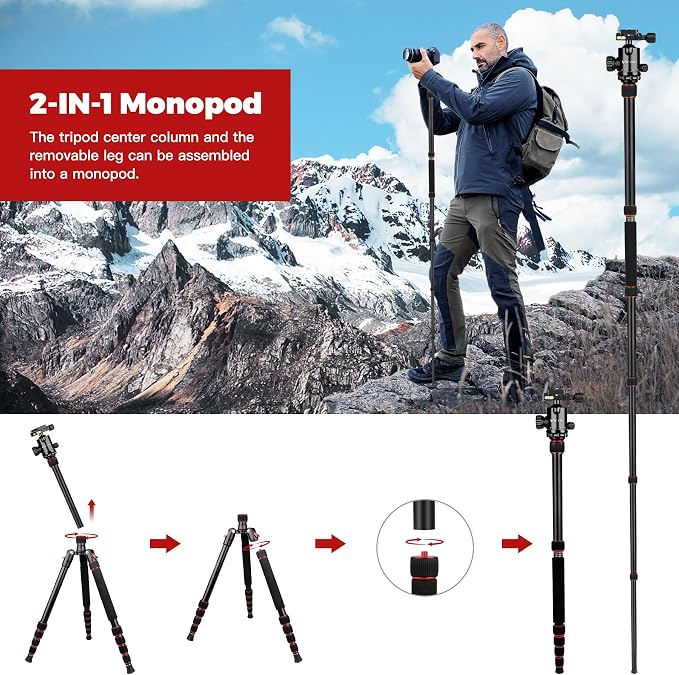 Victiv Camera Tripod, 80" Ball Head Tripod with Carry Bag & Phone Holder | Professional Aluminum Heavy Duty Tripod Stand, 2-in-1 Camera Tripods & Monopods for DSLR Binoculars Spotting Scope Telescope - Image 5