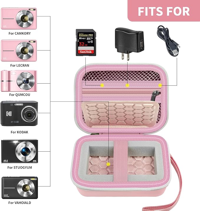 Comecase Digital Camera Case for Kodak PIXPRO FZ55/FZ45/ for CAMKORY, Pink | Hard Case for Lecran/ for VAHOIALD and More, Mesh Pocket&Wrist Strap, Compact for Travel, School and Daily Storage. Case only - Image 2