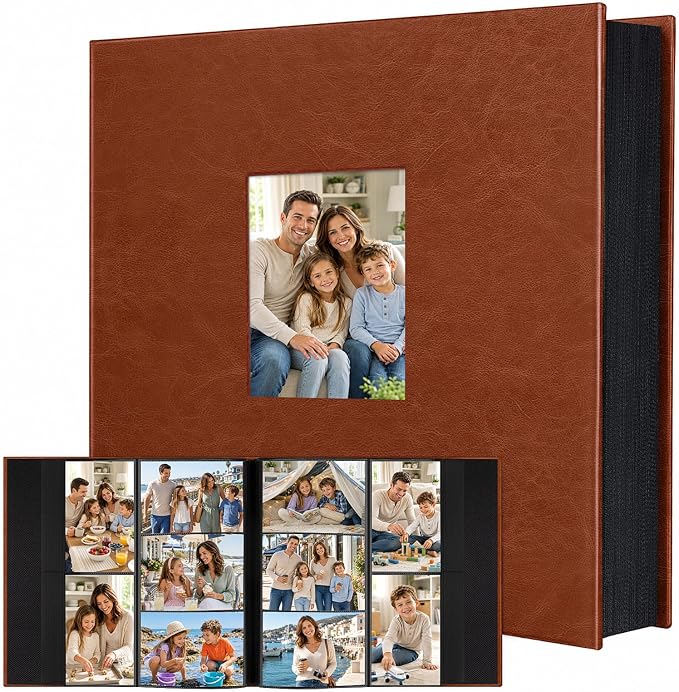 Aevdor Large Capacity 4x6 Photo Album, 1000 Photos, Leather Cover, Brown | 3 Horizontal + 2 Vertical per Side, Acid-Free Black Inner Pages, Front Display Window, Family, Wedding & Everyday Photos by Aevdor