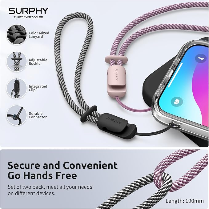 SURPHY 2 Pack Phone Lanyard, Phone Wrist Strap for Case, Camera Wrist Strap | Ultra-Light 2-Color Braided Phone Strap, Cellphone Charm Strap, Anti-Lost Wrist Lanyard for Women and Men, Pink Black - Image 2