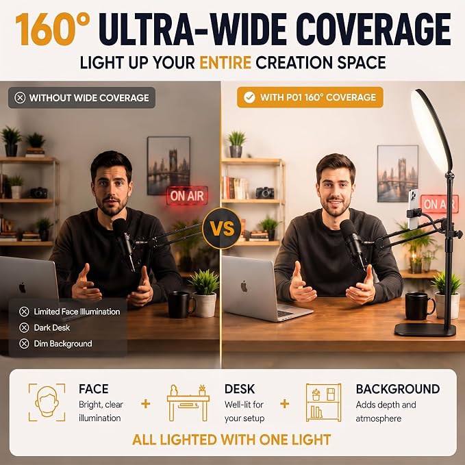 10" Full-Panel Desk Ring Light with Stand & Flexible Phone Holder, 24W 1100LM Light for Video Recording, 5 Color Modes up to 6500K, CRI 95+ for Computer, Podcast, Streaming, Zoom & Video Calls - Image 3