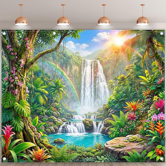 Fabric 10x8ft Rainforest Backdrop Tropical Jungle Waterfall Banner | Summer Event Natural Scenery Photography Background, Kids Adult School Party Decorations, Classroom Photo Props, Polyester - Image 2