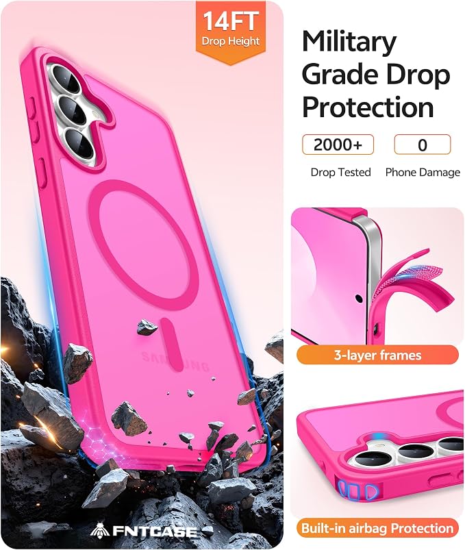 FNTCASE for Samsung Galaxy S25 FE Case, Fit for Magsafe, Screen Protector | Translucent Matte Magnetic Back, 14FT Military Grade Drop Protection, Slim Shockproof Protective Phone Cover, Hot Pnik - Image 5