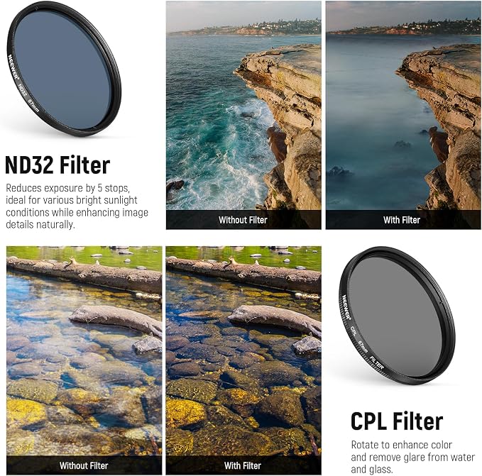 NEEWER 67mm 7 Pack ND Filter Set Compatible with Android Samsung Google Pixel Huawei Xiaomi Clip On CPL+ ND32 + Starlight + GND (Red/Orange/Yellow/Blue) Camera Lens Photography Accessories Kit, FL-P11 - Image 5