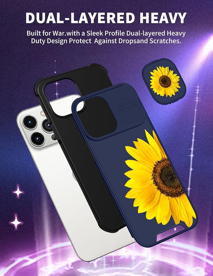 (2in1 for iPhone 15 Pro Max Case Sunflower Floral Women Cute Cover Girly Sun Flowers Pretty Blue Design with Slide Camera Cover Protective Stand Holder for iPhone 15 Pro Max Phone case 6.7'' - Image 5