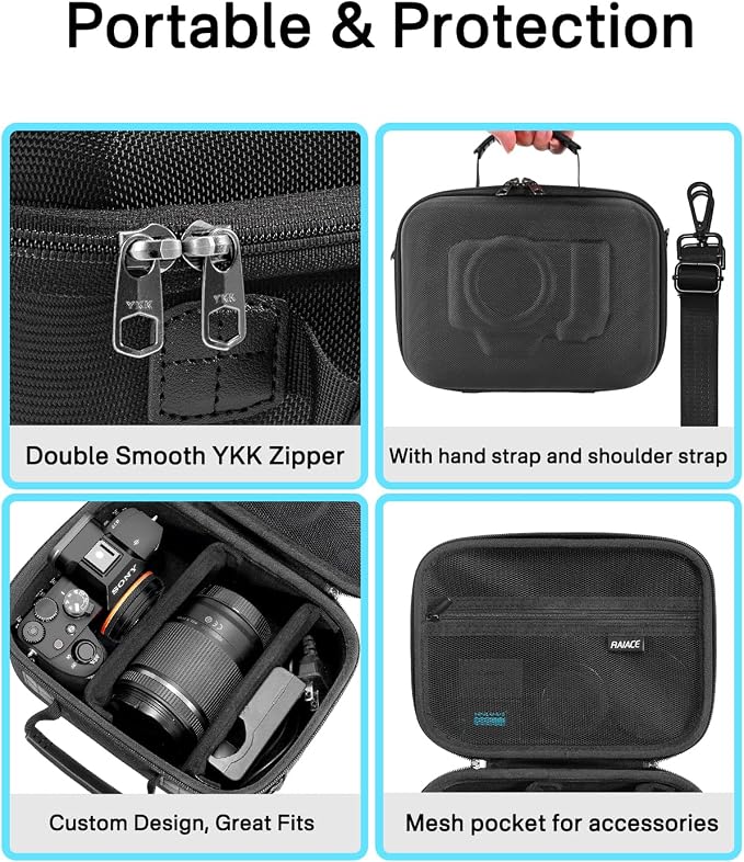 RAIACE Hard Case Compatible with Sony Alpha 7 II III IV/7R V Camera, for Nikon, for Canon, for Pentax and More. Mesh Pocket for Charger, Cables, Cards and Accessories. (case only) - Black - Image 3