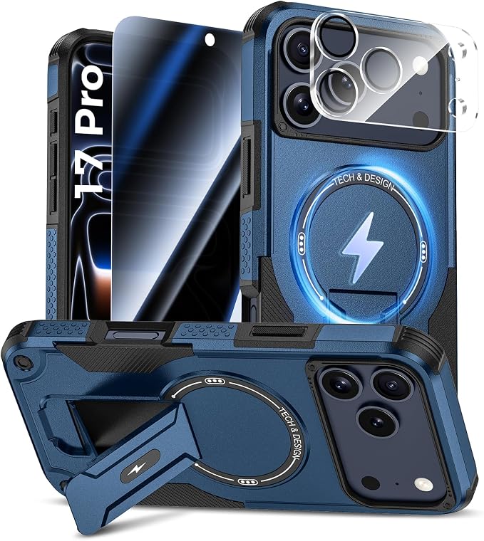 Goton 3 in 1 for iPhone 17 Pro Case with Privacy Screen Protector Blue | Glass Camera Lens Protector,Compatible for MagSafe,Invisible Kickstand, Shockproof Phone Cover for iPhone 17Pro by Goton