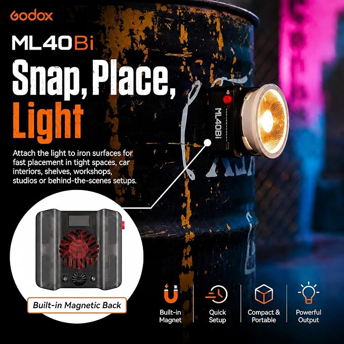 Godox ML40Bi Bi-Color LED Video Light, Portable COB Photography Light with Built-in Battery, 2800K-6500K, 28,000 Lux with ML-L10 Reflector, CRI/TLCI 96, 11 FX Effects, USB-C Charging, App/NFC Control - Image 7