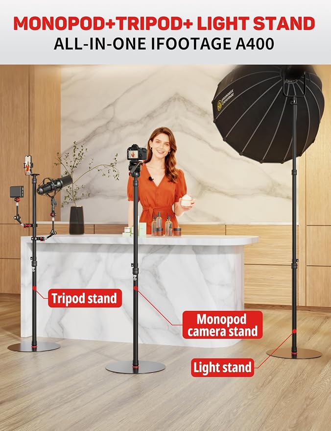 IFOOTAGE A400 Round Base Monopod Light Stand 79" 2 Pack | Aluminum Camera Floor Stand Tripod with 1/4" & 3/8" Screw Light Adapter for Camera Light Webcam Backdrop, Payload 22lb - Image 2