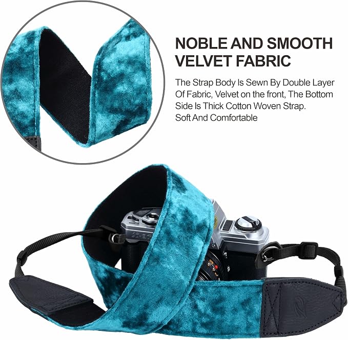 Padwa Lifestyle Peacock Blue Velvet Camera Strap - 2" Double Layer Full Grain Cowhide Leather Head Camera Straps for Photographers,Unique Soft Velvet Fabric with Quick Release fits all Cameras - Image 4