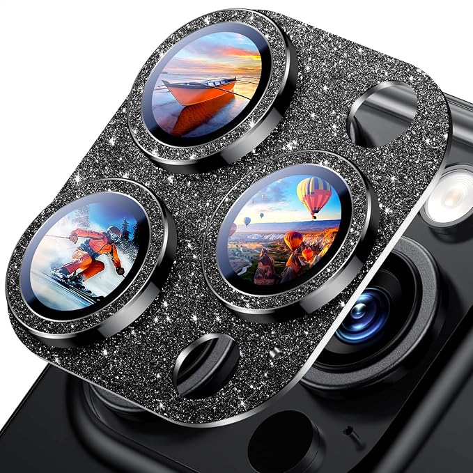 Uyiton for iPhone 16 Pro/iPhone 16 Pro Max Camera Lens Protector | Not Easy to Break, Strong Adsorption, Case-Friendly, Metal 9H Sapphire Glass Rear Camera Screen Cover, Glitter Black - Image 2