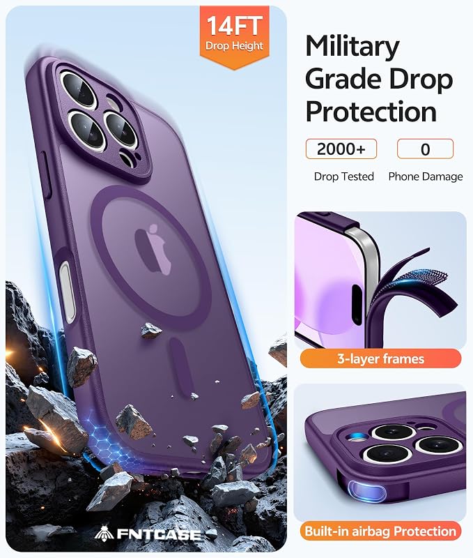 FNTCASE for iPhone 16 Pro Max Case, Fit for Magsafe, Glass Screen Protector | Full Camera Protection, Translucent Matte, 14FT Military Grade Drop Proof, Shockproof Protective Phone Cover, Purple - Image 5