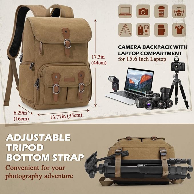 RAINSMORE Camera Backpack, DSLR SLR Mirrorless Camera Bag for Photographer | 15.6 Inch Vintage Canvas Camera Case with Laptop Compartment & Tripod Holder & Rain Cover for Sony Canon Nikon Fujifilm Khaki - Image 5