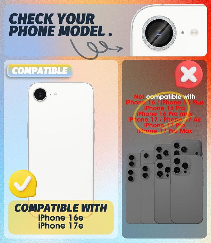 (3 Pack) Orzero Camera Lens Protector for iPhone 17e / iPhone 16e, [EZ Install] [Case-Friendly] 9H Tempered Glass Bling Lens Cover Accessories, Military-Grade Shockproof, HD Clarity Anti-Glare - Glitter Silver - Image 2