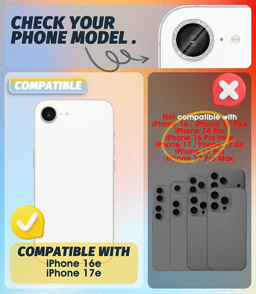 (3 Pack) Orzero Camera Lens Protector for iPhone 17e / iPhone 16e, [EZ Install] [Case-Friendly] 9H Tempered Glass Bling Lens Cover Accessories, Military-Grade Shockproof, HD Clarity Anti-Glare - Glitter Silver - Image 2
