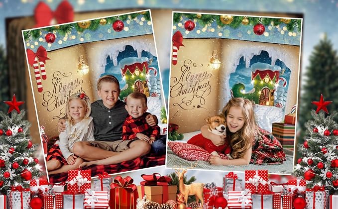 Merry Christmas Backdrop 12x10ft Fairy Tale Book Glitter Xmas Tree Candy Canes Winter Wonderland Photography Background Children Xmas Party Supplies Photo Booth Banner Props - Image 6
