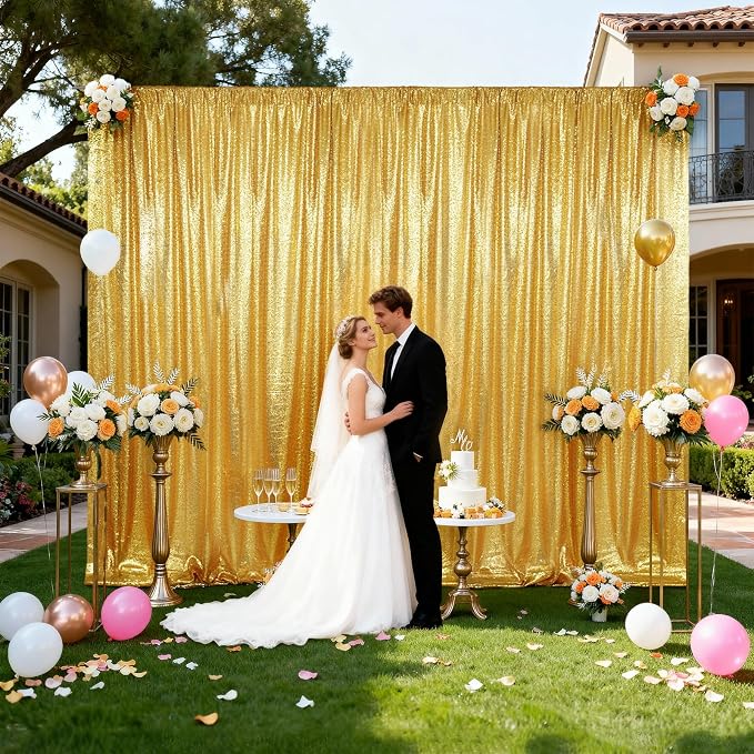 SquarePie 10x10ft Gold Sequin Backdrop, High Density Non-Transparent Glitter Curtain for Photography, Birthday, Wedding Party Decorations, Thick Solid Background with 4" Rod Pocket, 1 Panel - Image 3