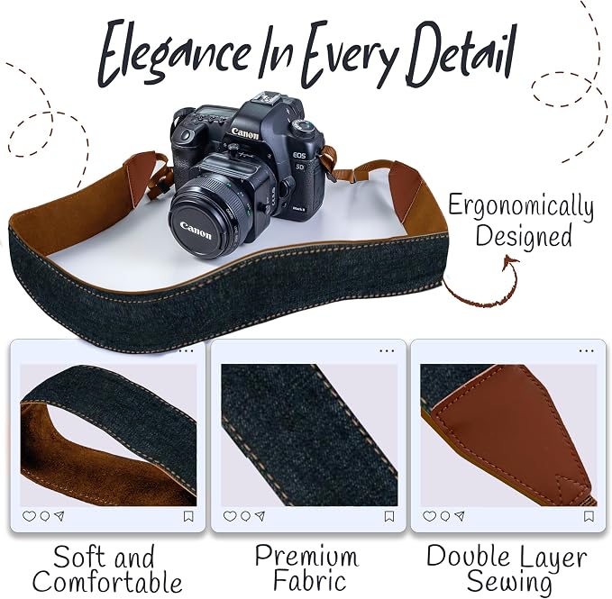 Camera Strap - Shoulder, Crossbody & Neck Camera Strap for Photographers, Fits All Cameras, Canon Nikon Sony Fujifilm, Padded Strap W/ Quick Release, Embroidered Cotton & Leather Ends, Blue Jeans - Image 3