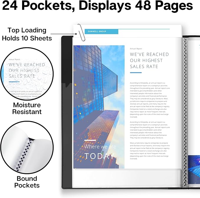 Dunwell 9x12 Presentation Binder, 24 Pockets, Displays 48 Pages, Aqua | Clear Plastic Sleeves, Acid-Free Poly, Fits 9x12 & A4 Documents, Artwork Storage - Image 4