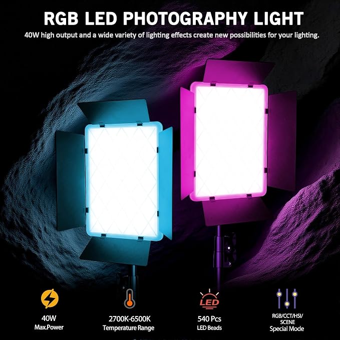 NiceVeedi 2-Pack RGB Photography Lighting with 20 Effects, 40W/360° Full Color/2700-6500K Studio Lights with Remote & Display, Video Light for Video Recording/Photography/Streaming/YouTube/TikTok - Image 2
