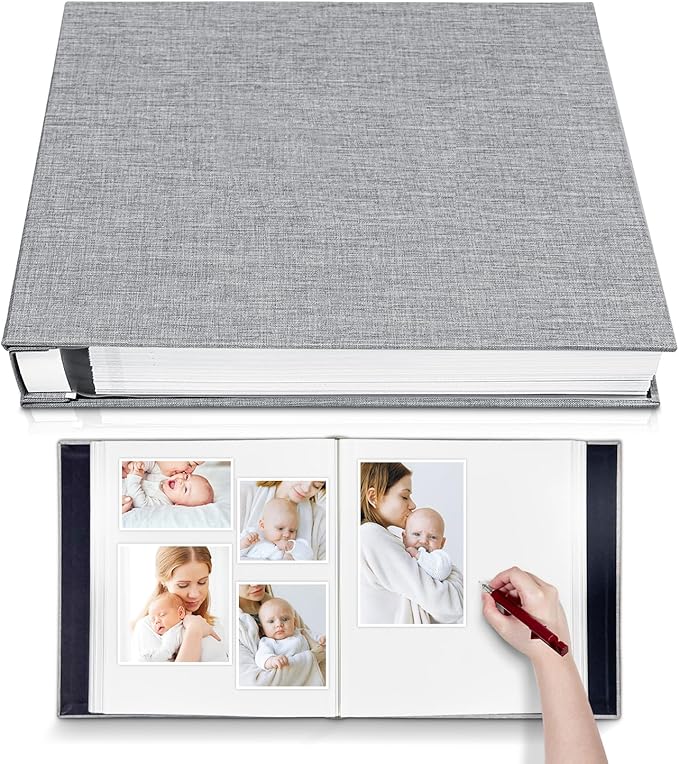 Large Photo Album Self Adhesive 4x6 8x10 10x12 13"x12.8" Magnetic Scrapbook 12.6"x11" Inch 60 Sticky Pages Linen Cover DIY Photo Album with A Metallic Pen and DIY Stickers(Grey) by HoneyTolly
